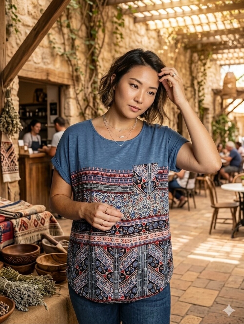 Knox Rose Boho Blue Geometric Print Short Sleeve Pocket Blouse